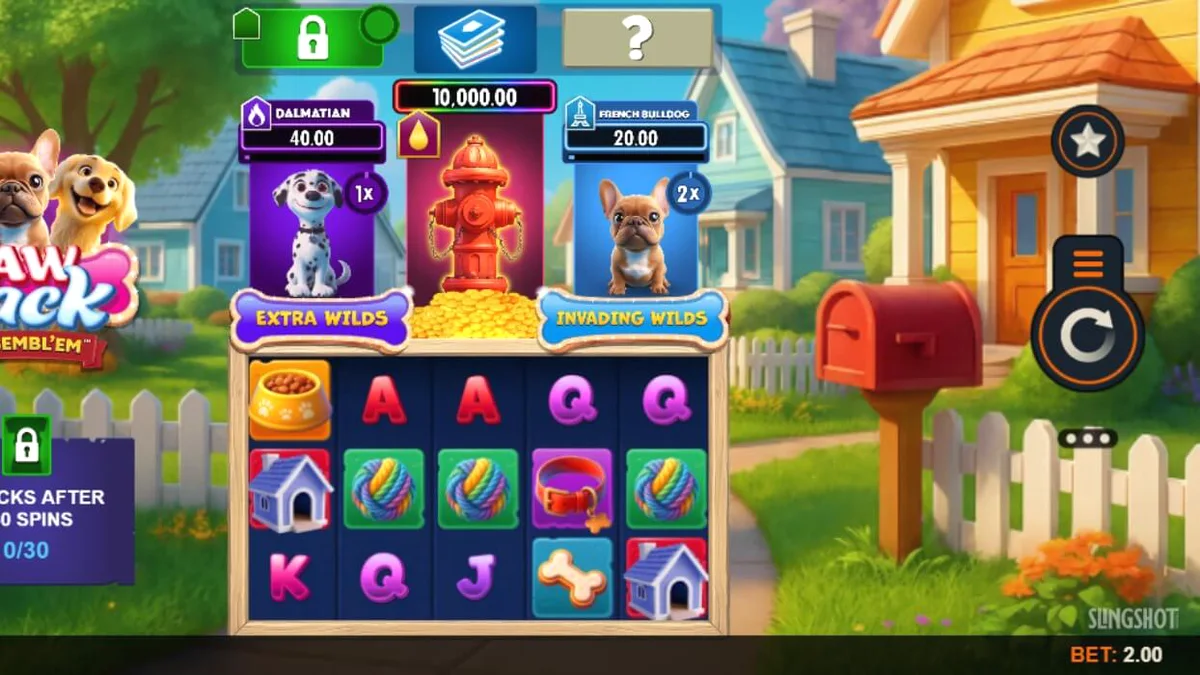 Tampilan visual slot Paw Pack Assembl’Em dengan karakter anjing kartun