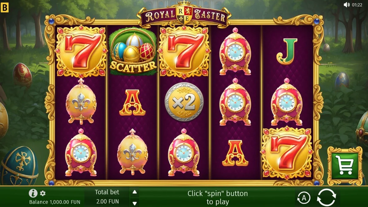 Tampilan visual slot Royal Easter yang menampilkan telur Faberge mewah dan taman istana yang elegan