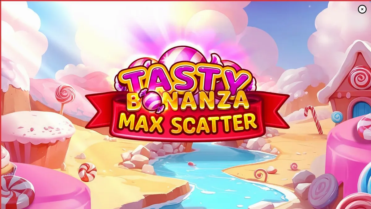 Tampilan visual mesin slot Tasty Bonanza Max Scatter dengan tema permen yang cerah