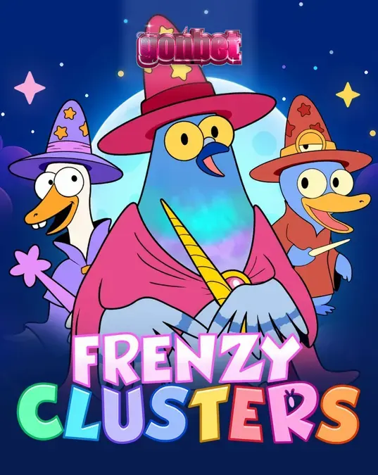 Tampilan antarmuka permainan slot Frenzy Clusters dengan karakter pahlawan dan grid 7x7
